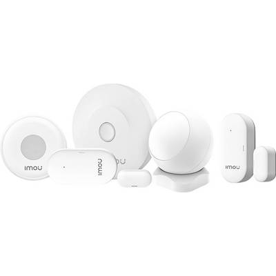 Vari dispositivi di sicurezza intelligenti di Imou su sfondo bianco, tra cui sensori e rilevatori di forme e dimensioni diverse.