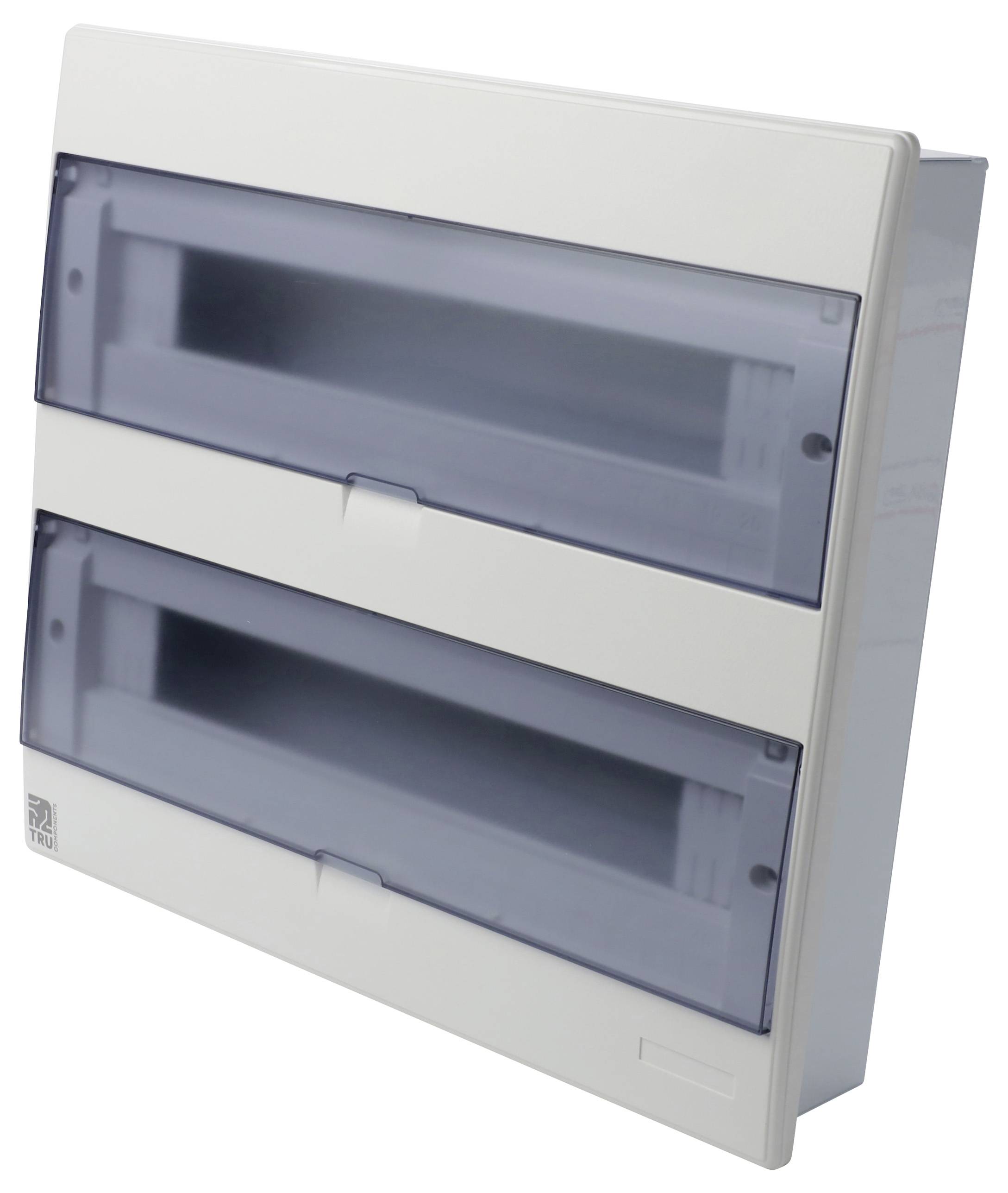 Quadro elettrico di distribuzione a doppio scomparto con cornice bianca e due coperchi trasparenti grigi, progettato per alloggiare interruttori automatici.
