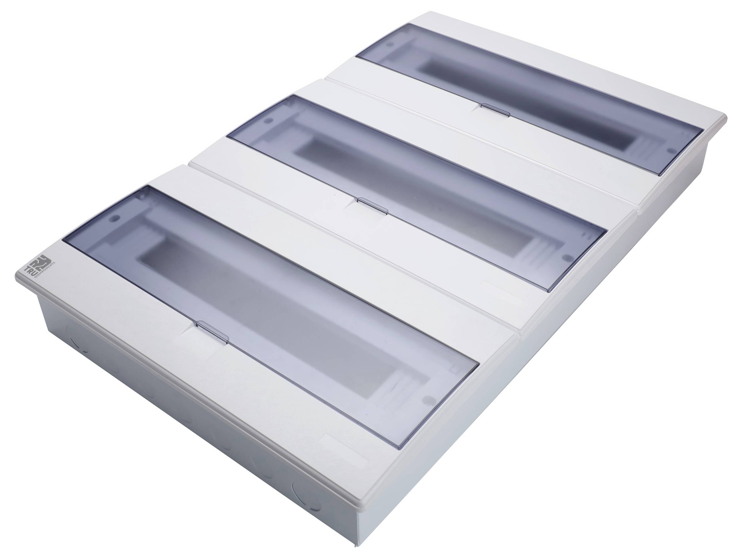 Un quadro elettrico bianco con tre coperchi trasparenti allineati orizzontalmente, utilizzato per ospitare interruttori automatici o componenti elettrici.