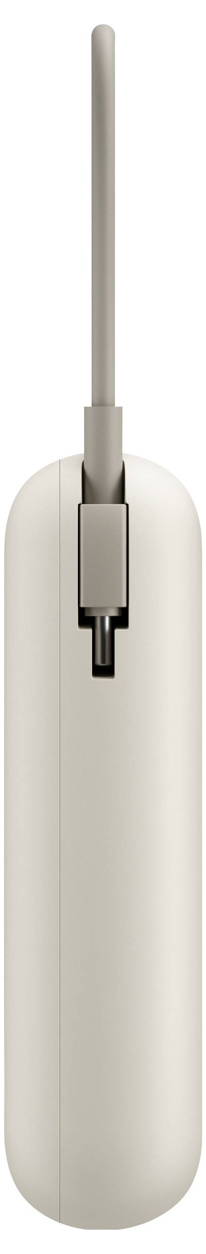 Un'immagine verticale di un mouse bianco semplice e minimalista, visto dall'alto, che mostra il cavo e il singolo pulsante.