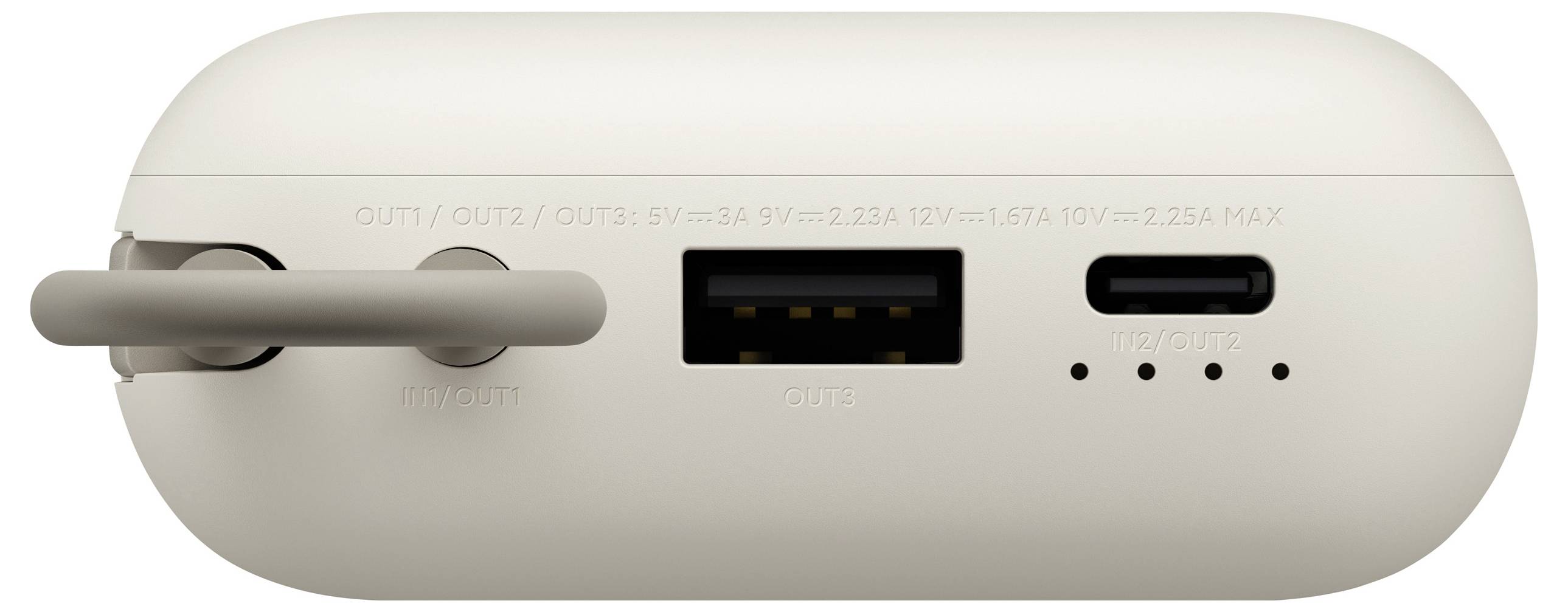 Una powerbank bianca portatile con porte USB e USB-C, indicatori LED e un passante sul lato per il trasporto.