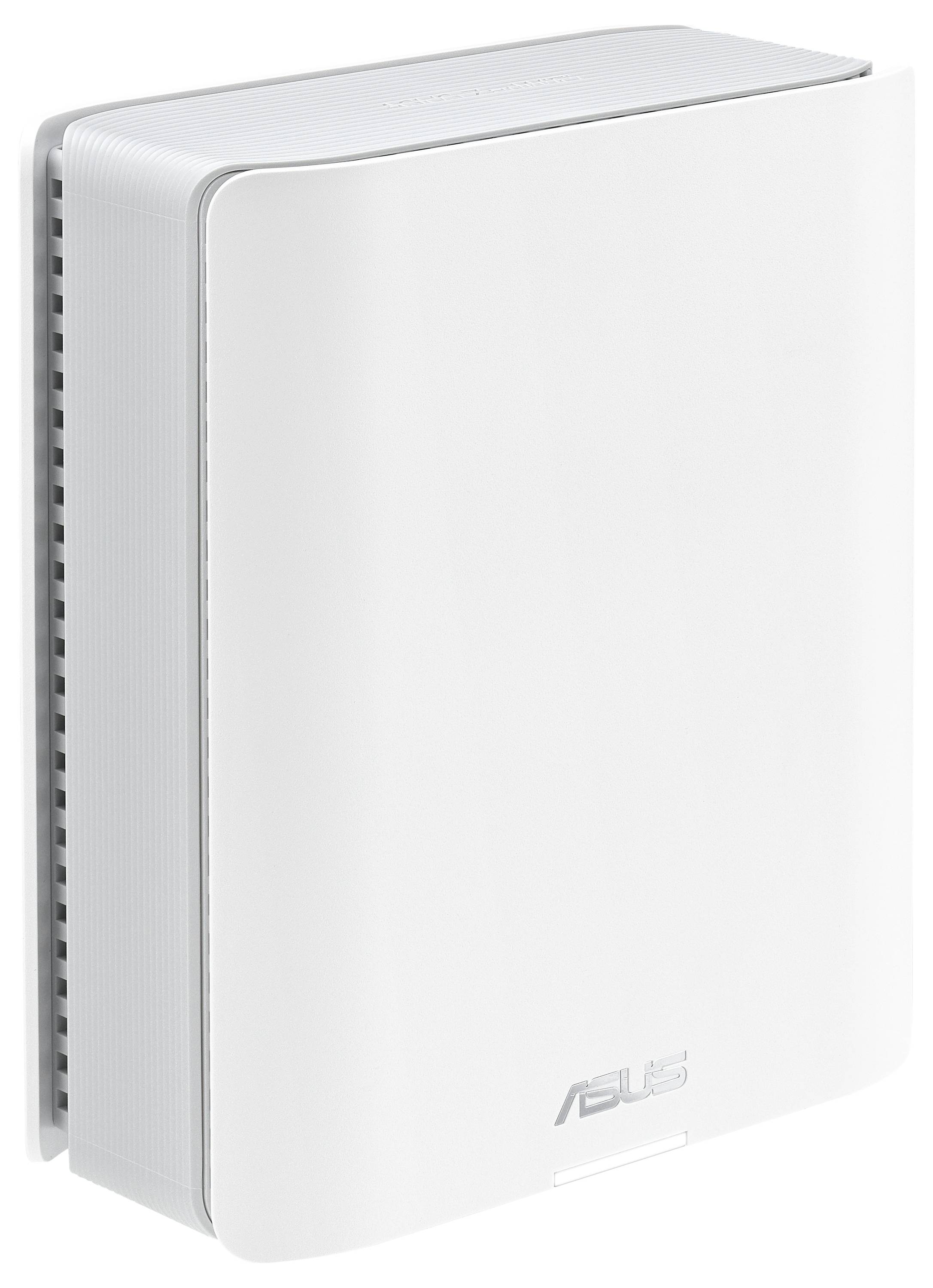 Router bianco Asus con design moderno, con fessure di ventilazione verticali visibili sui lati.