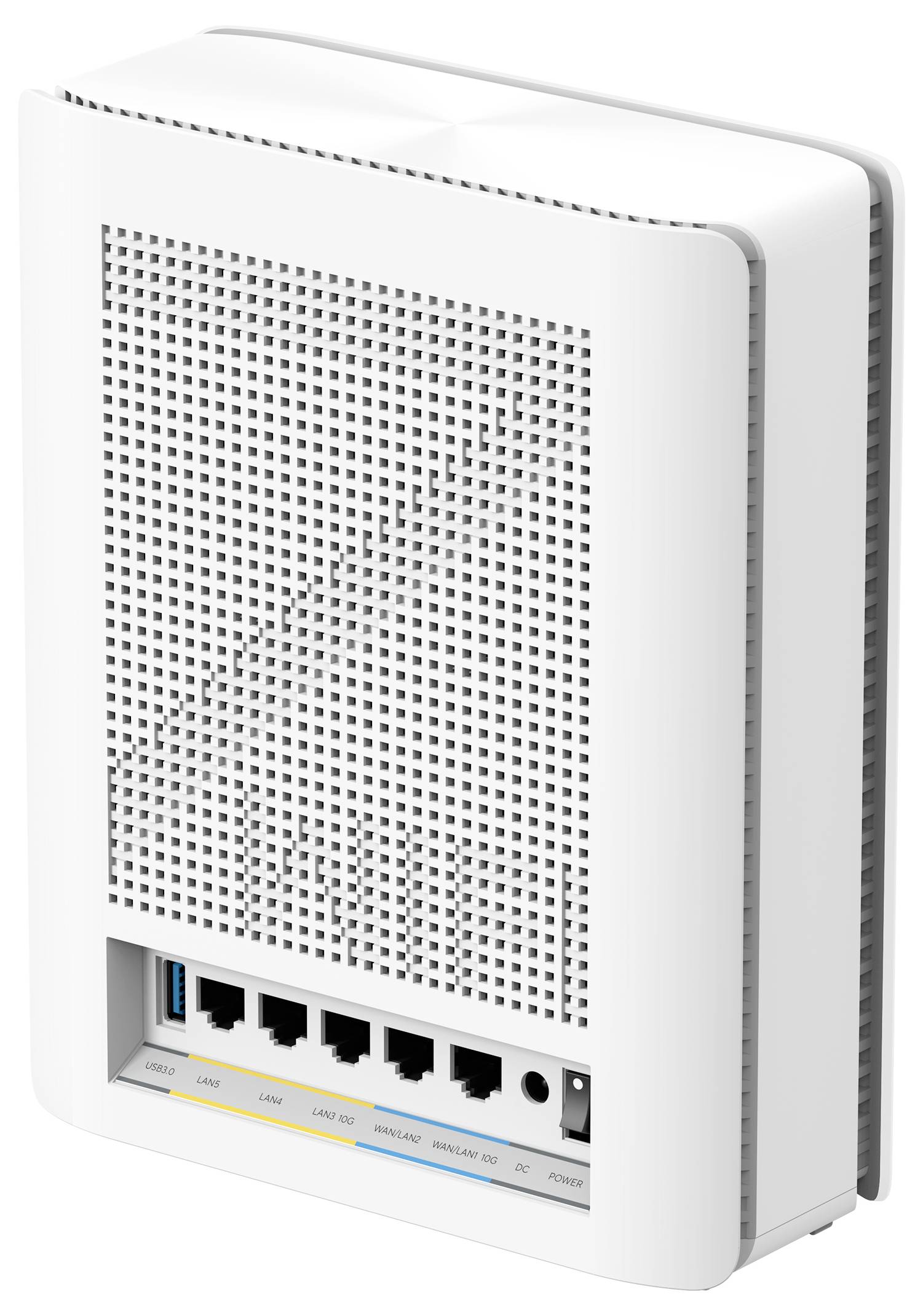 Un router bianco con più porte di rete e fessure di ventilazione, pronto per i collegamenti via cavo, in posizione verticale.