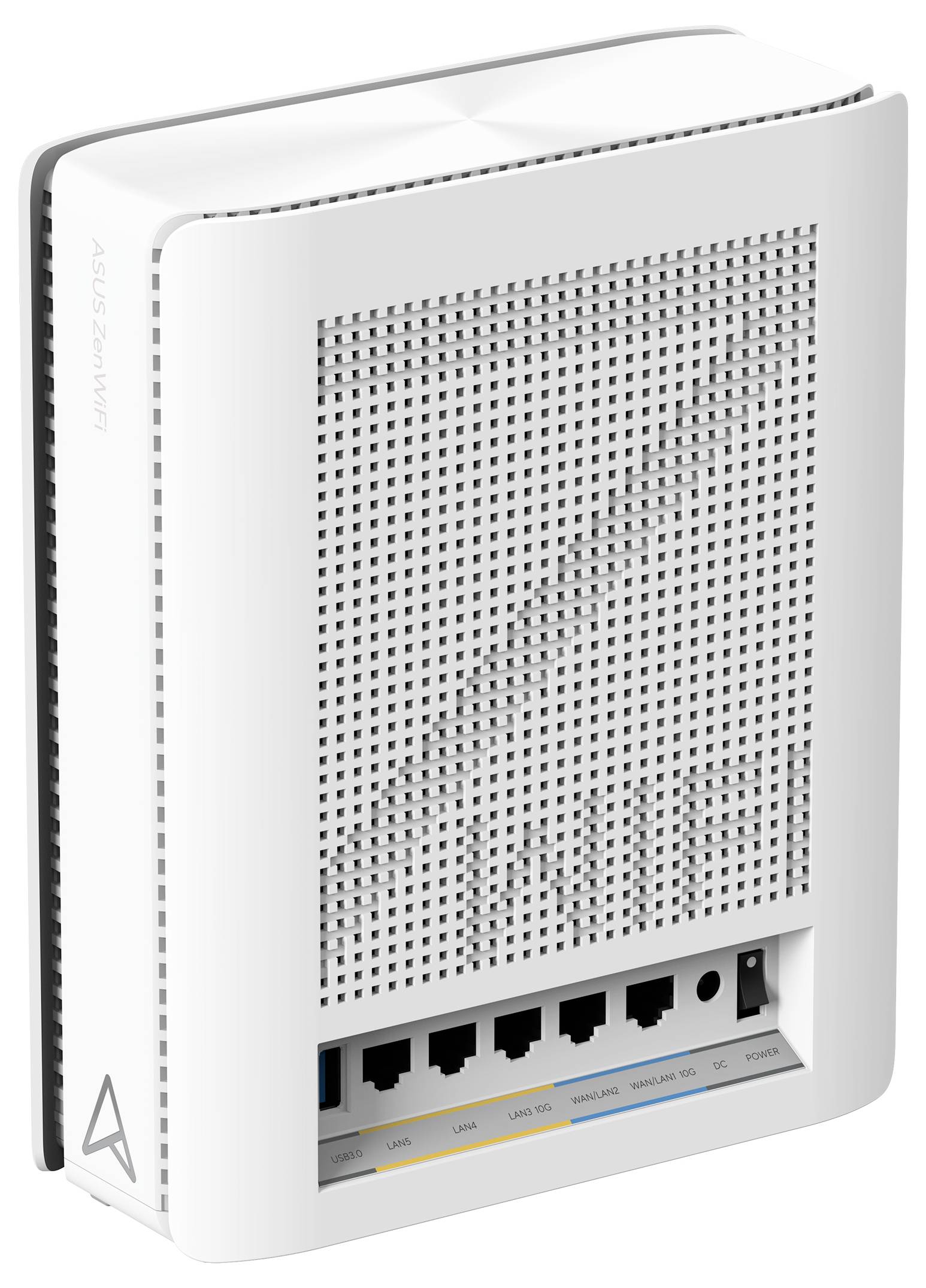 Un router Wi-Fi bianco con più porte Ethernet sul lato anteriore e fessure di ventilazione, posizionato verticalmente.