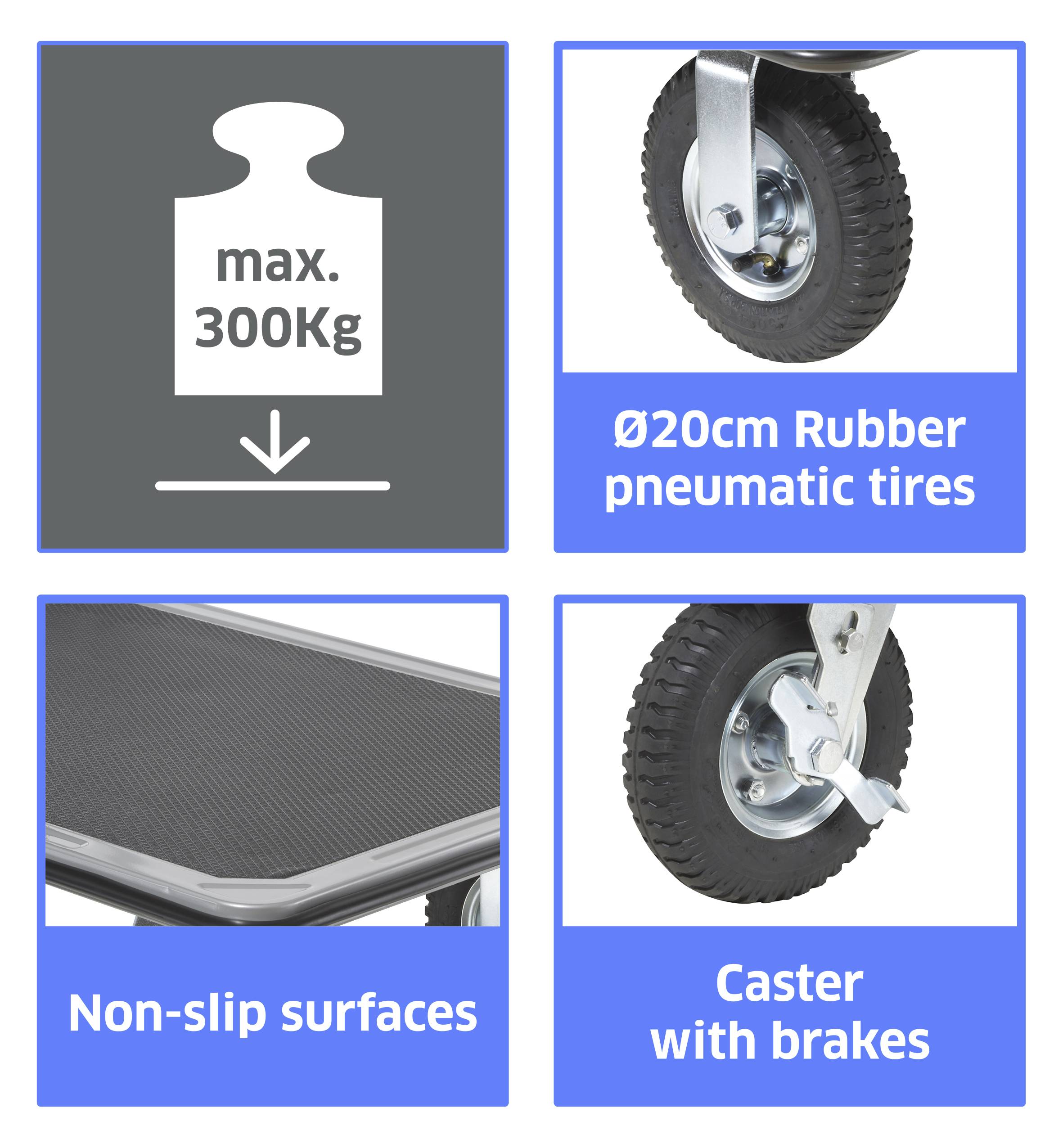 'Le caratteristiche del carrello includono: carico massimo 300 kg, ruote pneumatiche in gomma Ø20 cm, superfici antiscivolo, ruota con freni.'