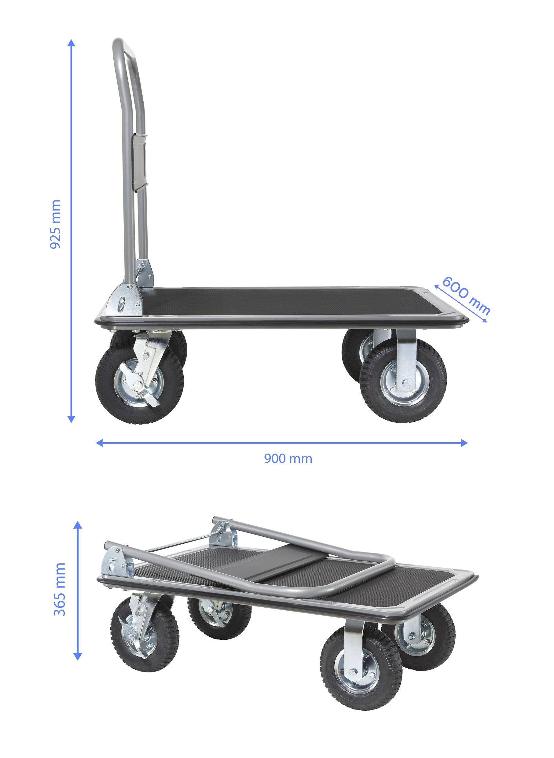 Carrello piattaforma pieghevole con base nera e quattro ruote; dimensioni indicate: altezza 925 mm, larghezza 600 mm, lunghezza 900 mm, altezza piegato 365 mm.