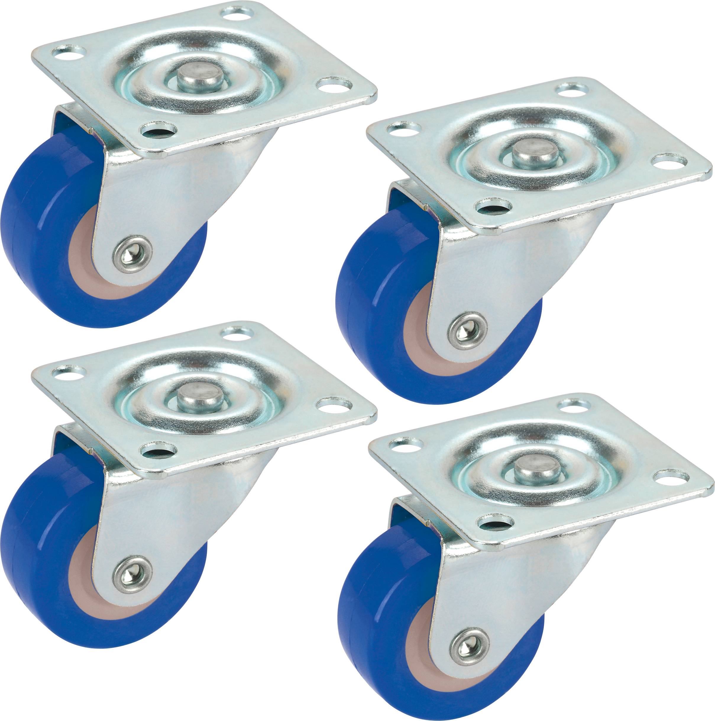 Quattro ruote piroettanti blu con supporto metallico, adatte per mobili o altri oggetti mobili, su sfondo bianco.