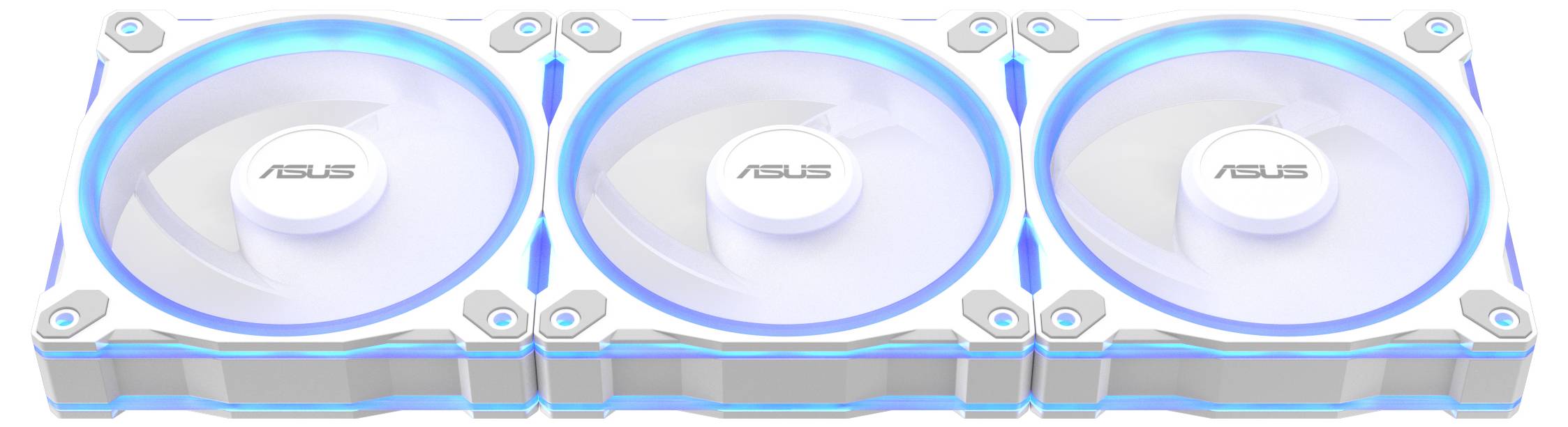 Tre ventole di raffreddamento per computer bianche con illuminazione LED blu, che mostrano il logo 'ASUS', disposte affiancate in una cornice rettangolare.