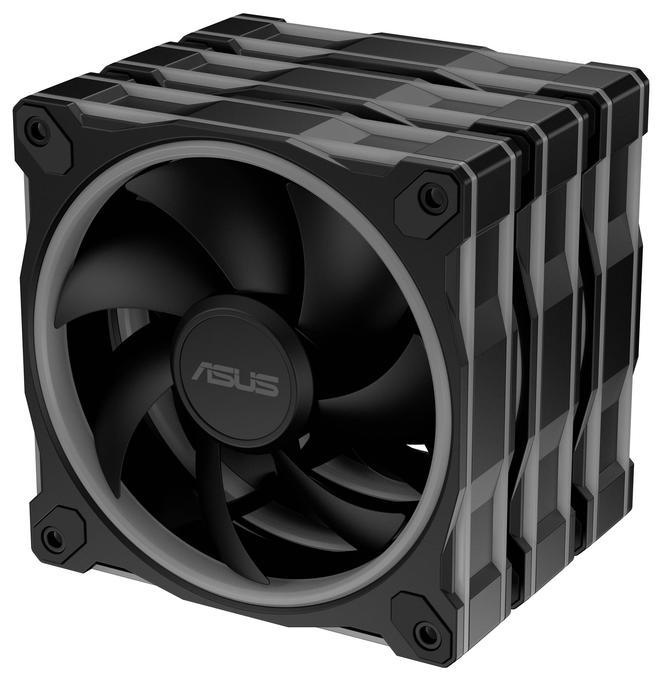 Una pila di tre ventole di raffreddamento ASUS nere con pale visibili, montate insieme come un'unità, progettate per un flusso d'aria efficiente nei computer.