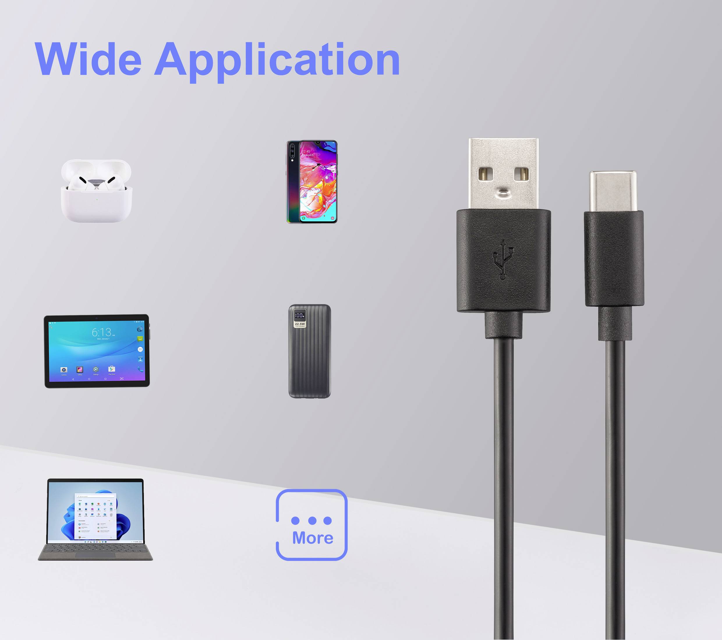 Cavo USB-C e USB-A circondato da dispositivi come smartphone, tablet, laptop, auricolari e custodia per telefono, con etichetta 'Ampia Applicazione'.