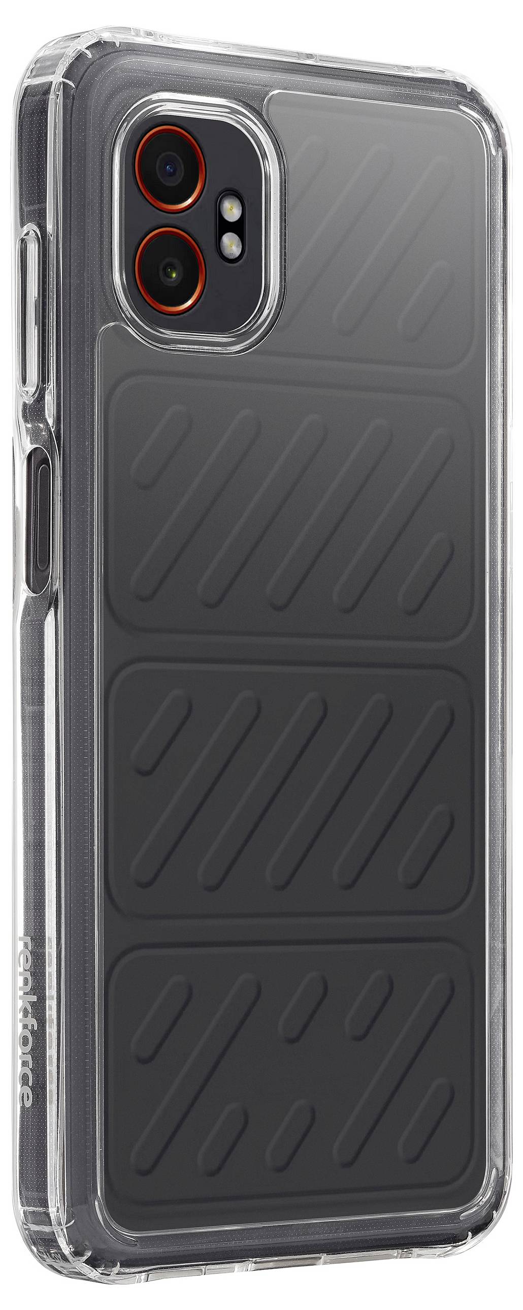Un custodia per cellulare nero e trasparente con texture a linee diagonali e doppie aperture per fotocamere sul retro.