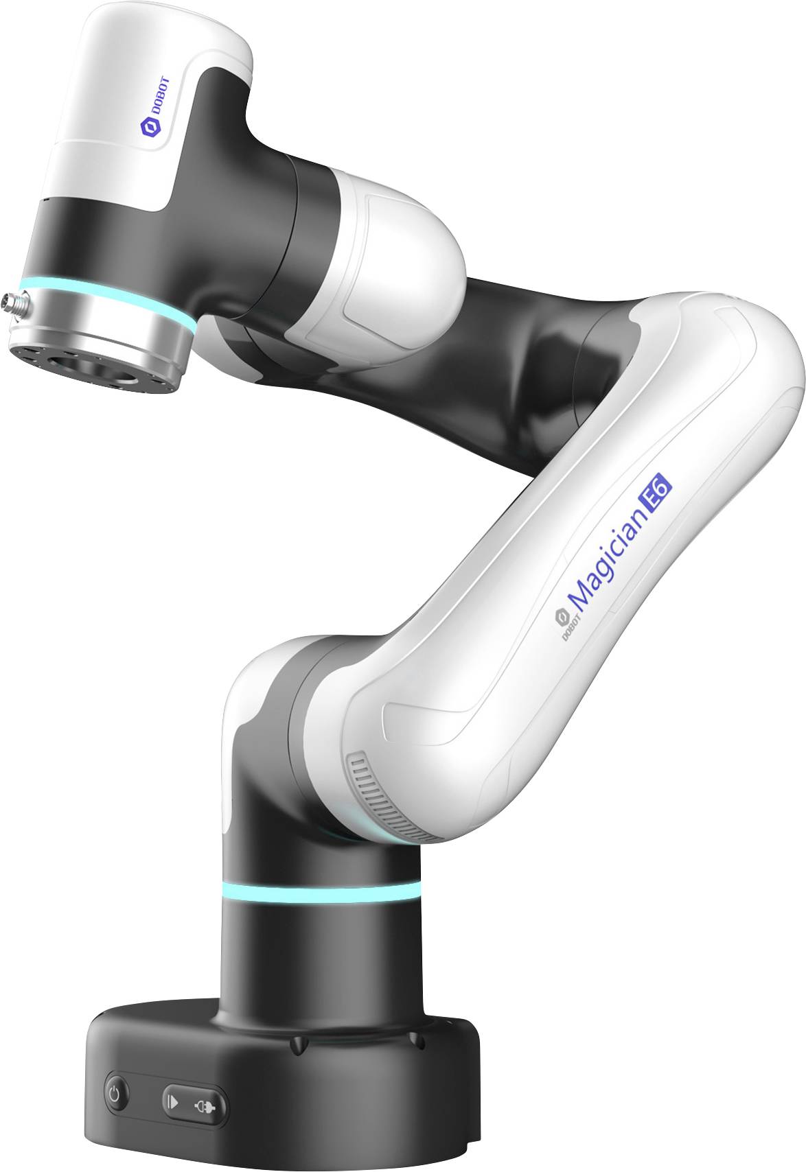 Braccio robotico modello 'Magician' G6 con giunti articolati, prevalentemente nero e bianco con dettagli blu, utilizzato per compiti che richiedono alta precisione.