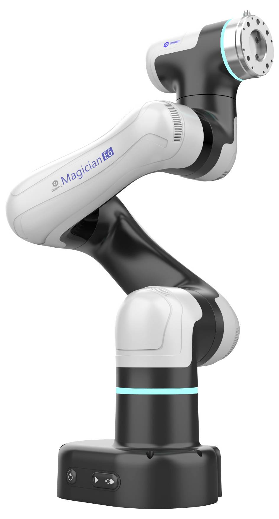 Un braccio robotico elegante, in bianco e nero, etichettato 'Magician', che mostra le sue articolazioni curve e levigate e un design moderno, a indicare una tecnologia avanzata.