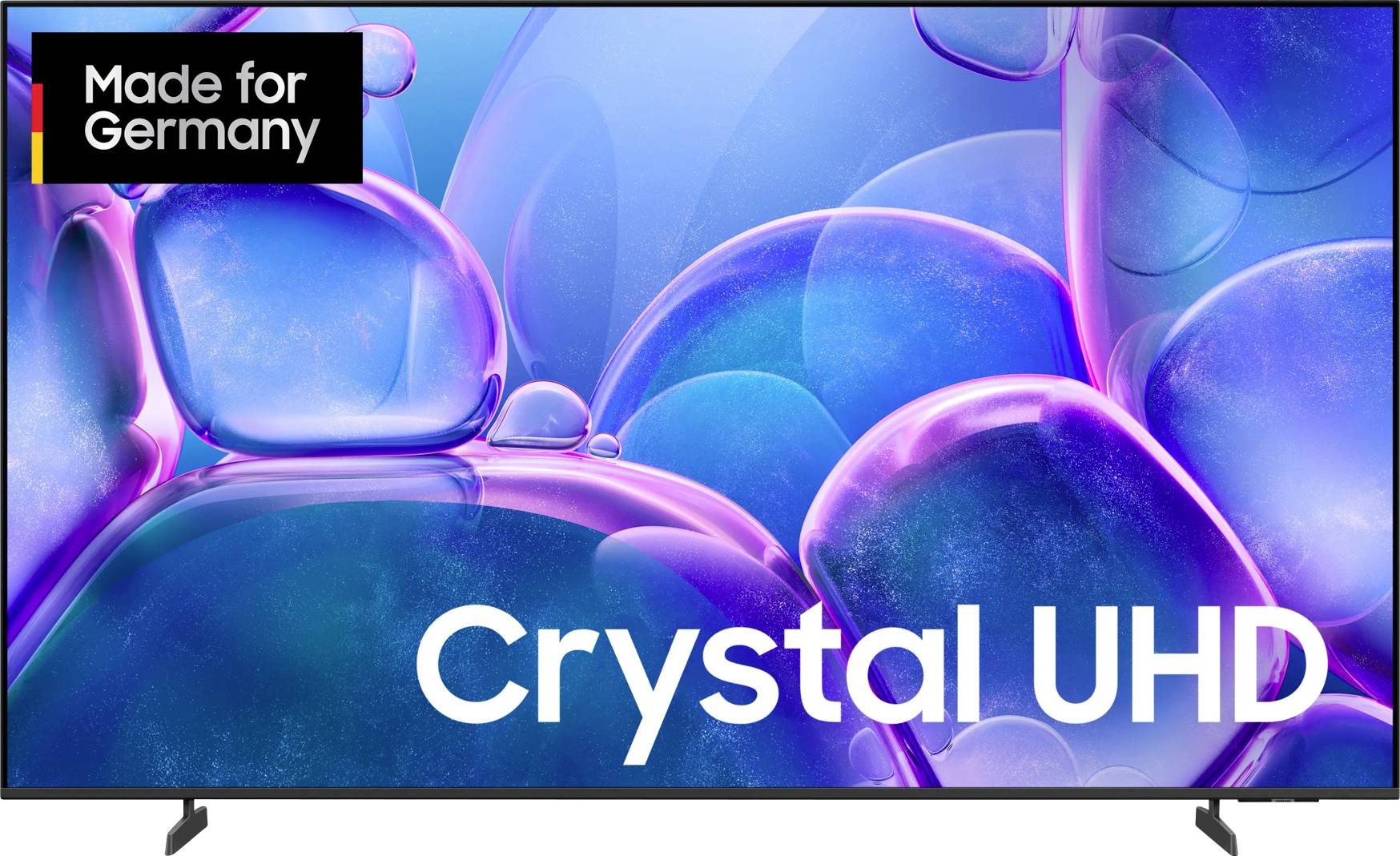 Televisore con sfondo dello schermo blu-violetto. Testo in alto a sinistra: 'Made for Germany'. Testo in basso a destra: 'Crystal UHD'.