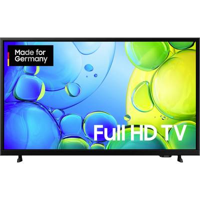 Televisore a schermo piatto con dicitura 'Full HD TV' e un adesivo 'Made for Germany', mostra bolle colorate sullo sfondo.