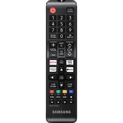 Telecomando Samsung con tasto 'Power' rosso, numeri 0-9, tasti volume e canali, oltre a selezione rapida per Netflix, Prime Video e YouTube.