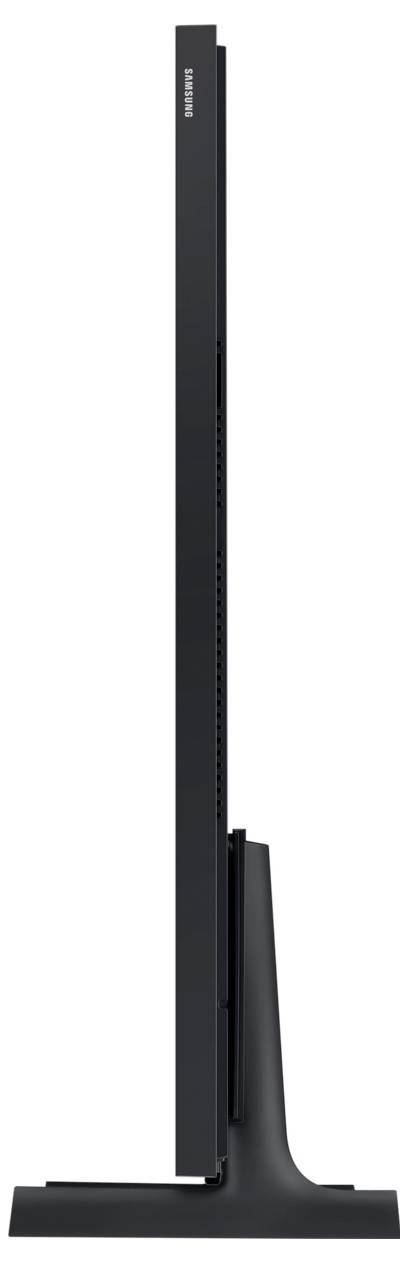 Vista laterale di un monitor ultrasottile nero su un supporto snello, che mostra un design minimalista e tecnologia moderna.