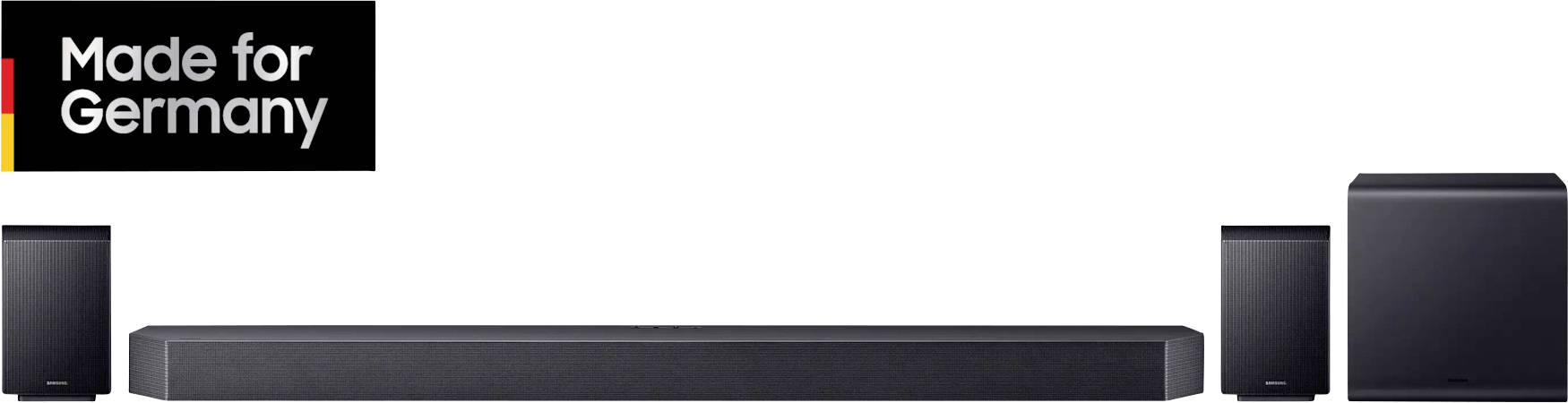 Sistema soundbar con due altoparlanti e subwoofer. Scritta 'Made for Germany' nell'angolo.