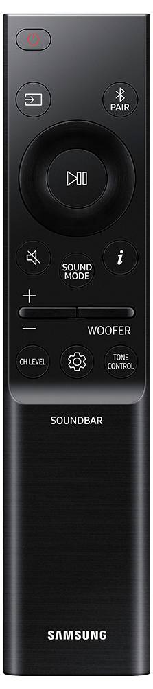 Telecomando nero con tasti per accensione, associazione, modalità audio, controllo volume, regolazione woofer e controllo suono, etichettato con 'SOUNDBAR' e 'SAMSUNG'.