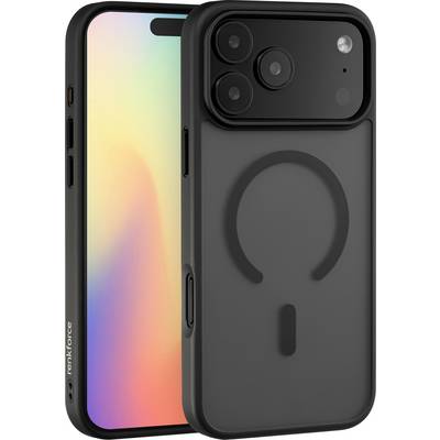 Uno smartphone con un display colorato e un custodia protettiva nera con un design circolare, mostrato dal davanti e dal retro.