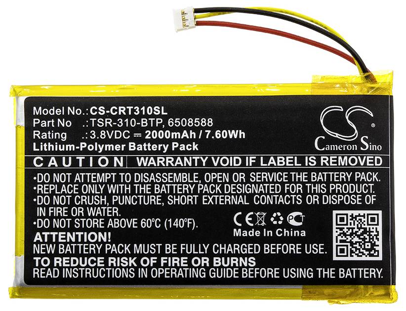 Batteria ai polimeri di litio gialla con etichetta nera. I dettagli includono numero di modello, tensione, capacità e avvertenze.