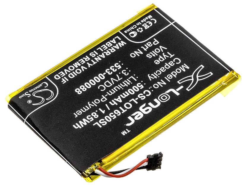 Una batteria al litio-polimero piatta e rettangolare con etichetta nera contenente specifiche tecniche e informazioni del produttore.