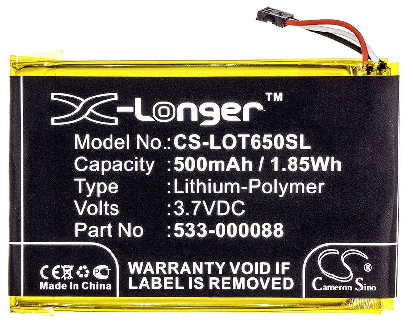 Batteria al Litio-Polimero di X-Longer, Modello CS-LOT650SL, Capacità 500mAh, Tensione 3,7VDC, Avvertenza: La garanzia decade in caso di rimozione dell'etichetta.