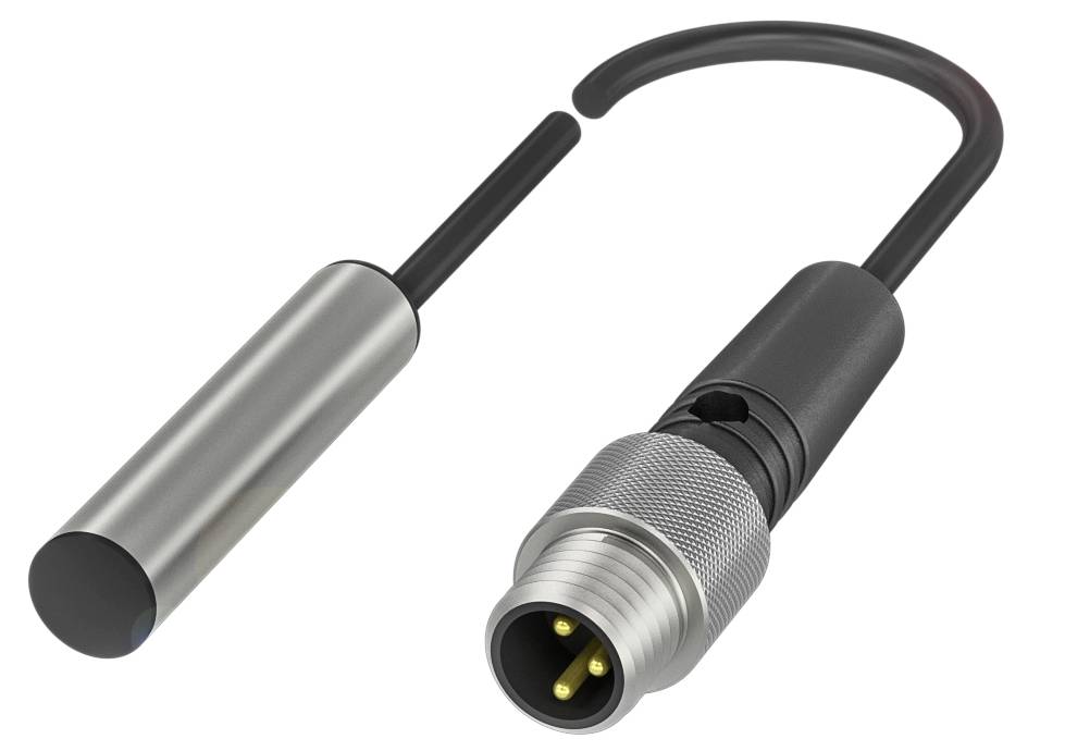 Un connettore metallico cilindrico collegato con cavo; bipolare, contatti gialli. Utilizzato per collegamenti di cavi audio o sensori.