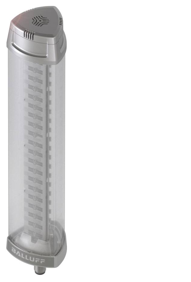 Un sensore cilindrico di Balluff in involucro trasparente, con tecnologia per il riconoscimento di oggetti o la misurazione di stati.