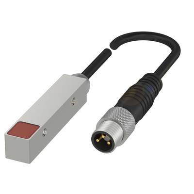 Un sensore magnetico rettangolare con pulsante rosso e cavo accanto a un connettore argentato, scanalato, a quattro poli, su sfondo bianco.