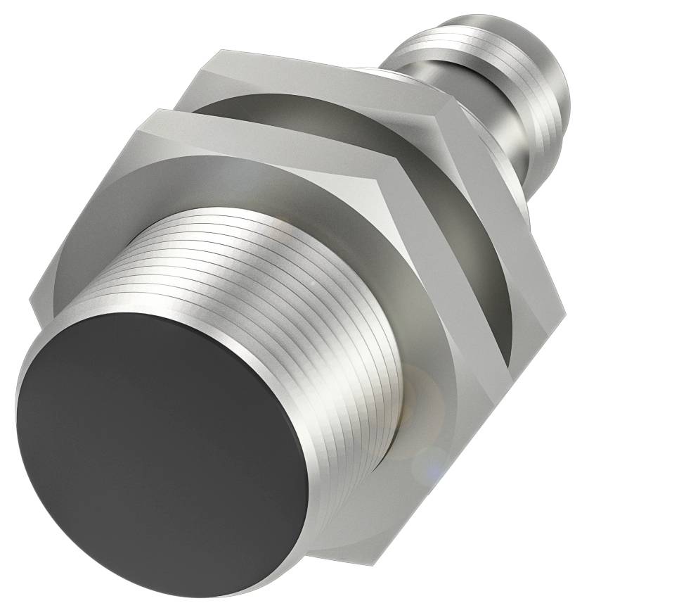 Sensore cilindrico metallico con filettatura e anello di base esagonale, possibilmente un sensore di prossimità.