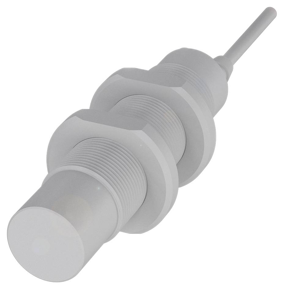 Un componente cilindrico in plastica con filettatura e un'asta sporgente, possibilmente un sensore o un componente tecnico.
