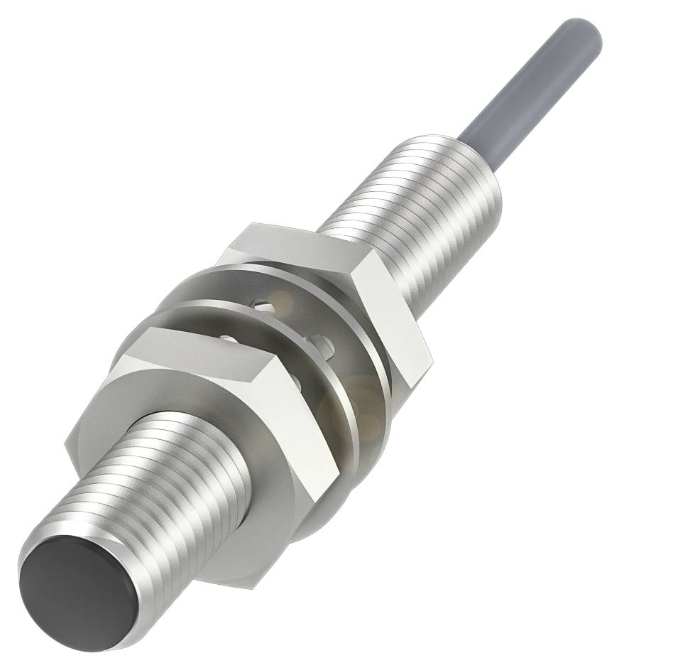 Sensore metallico cilindrico con filettatura e cavo terminale. Adatto per il montaggio e il rilevamento di oggetti.
