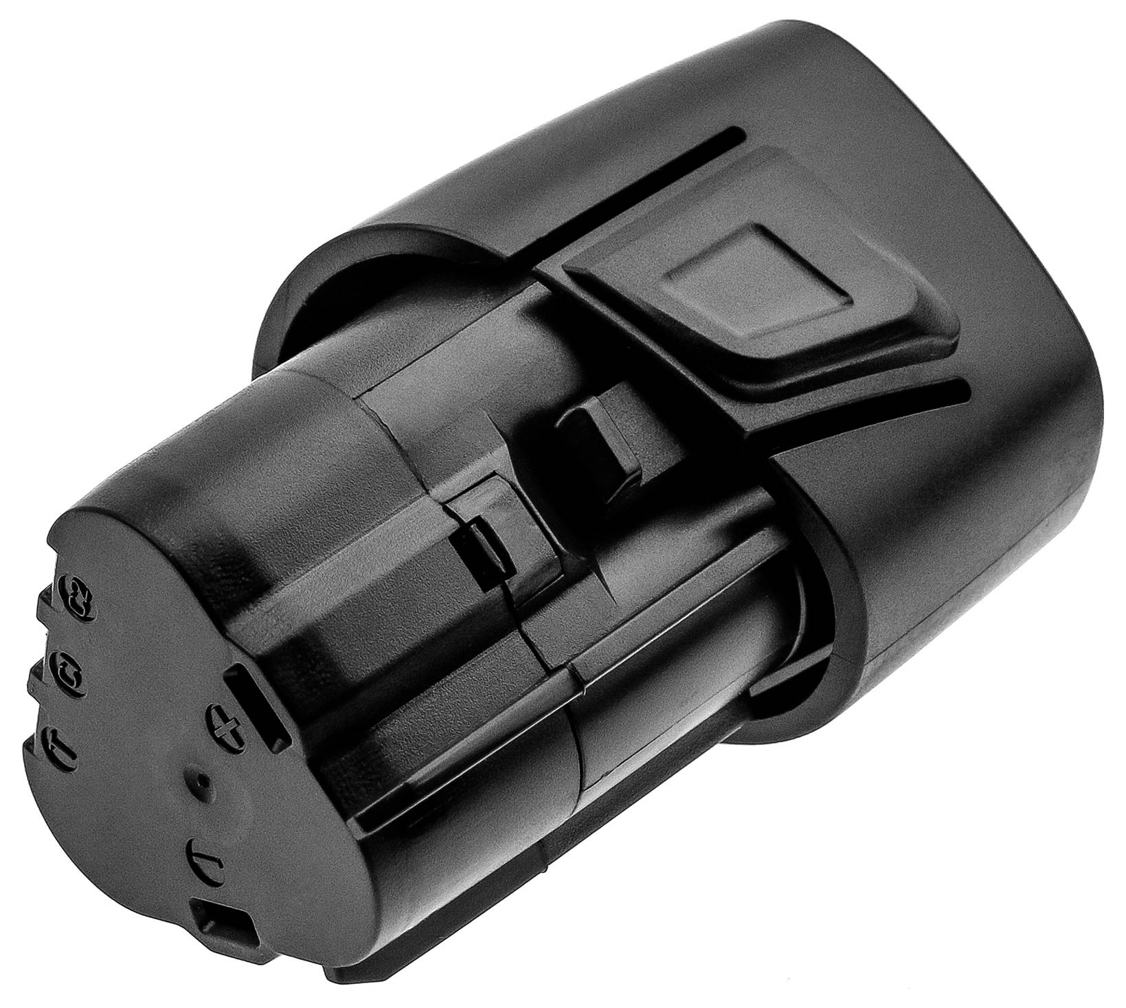 Pacco batteria cilindrico nero con pulsante rettangolare sulla parte superiore, progettato per utensili portatili.