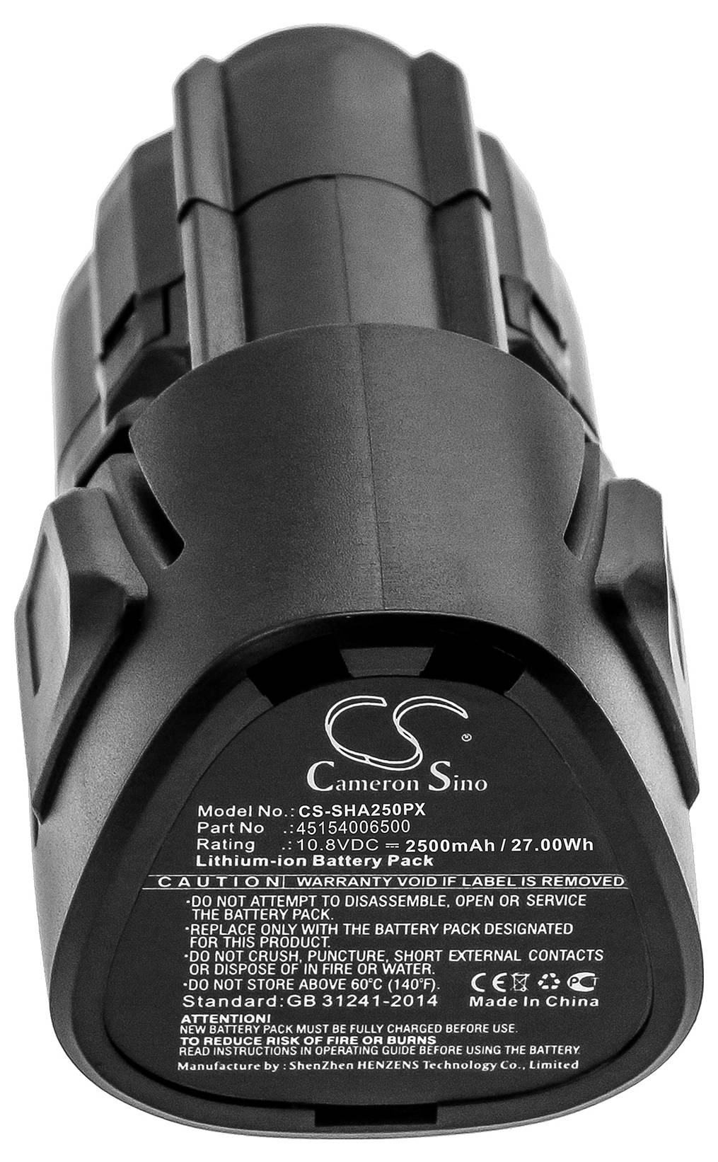 Batteria agli ioni di litio nera di Cameron Sino, modello CS-HA250PX, 10,8 V, 2500 mAh. Etichetta con avvertenze e dati tecnici.