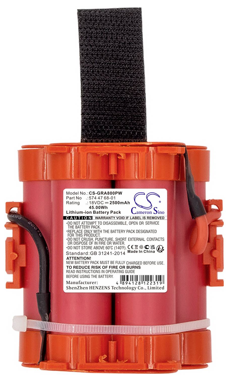 Batteria cilindrica rossa con adesivo. La scritta mostra modello, tensione, capacità e avvertenze di sicurezza. Cinghia nera in alto.
