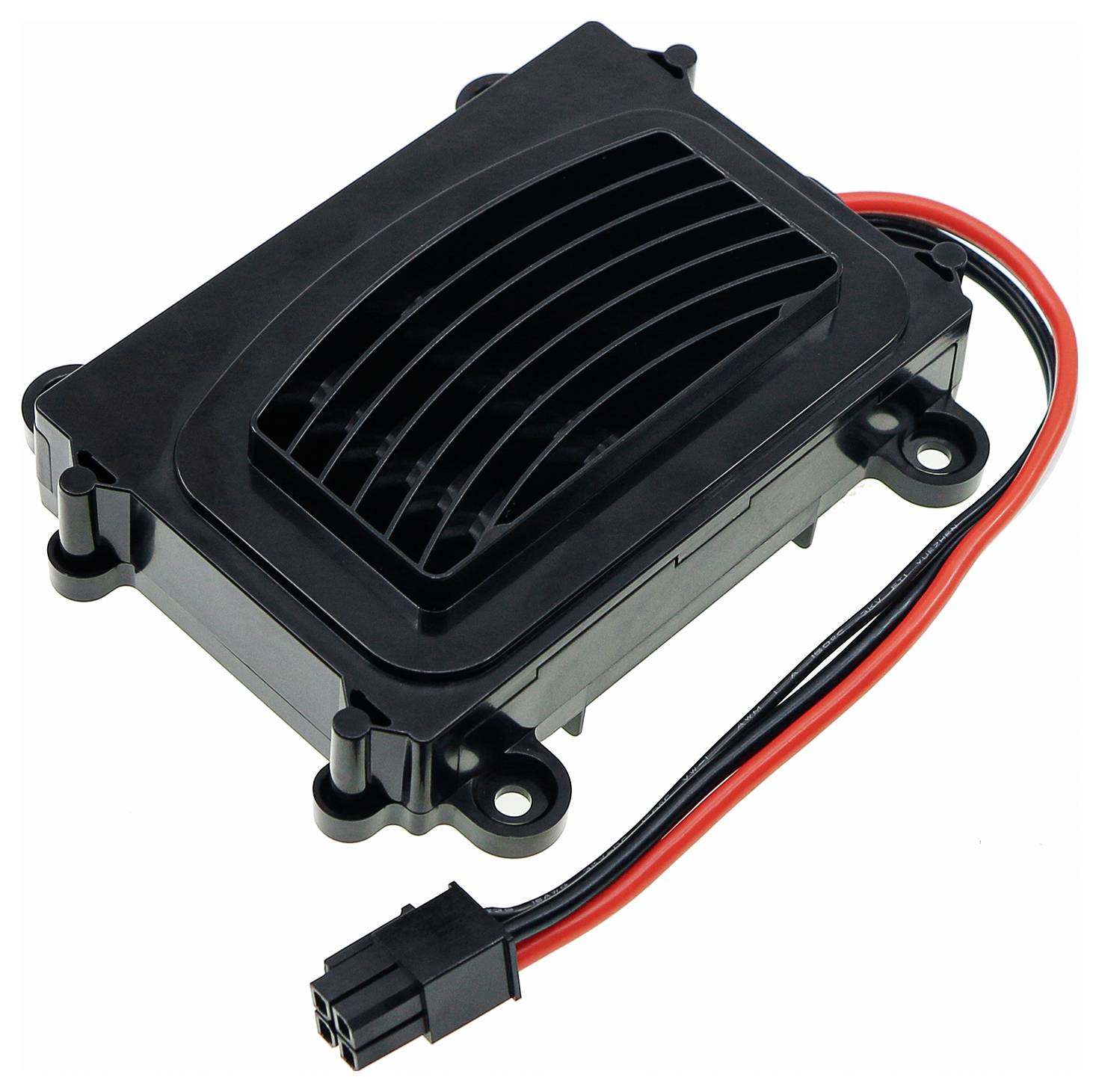 Componente elettronico nero con griglie di ventilazione e due cavi collegati, presumibilmente una ventola o un'unità di controllo.