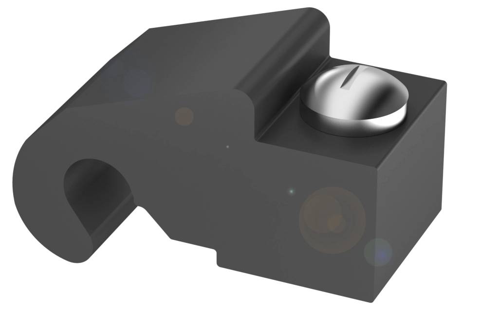Un componente nero a forma di cuneo con una vite argentata rotonda sulla parte superiore. Ha un'incavatura curva sul lato.