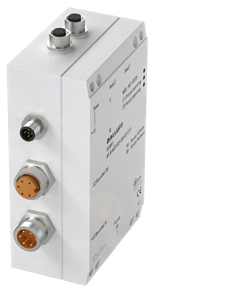 Un dispositivo tecnico bianco e rettangolare con diverse prese di collegamento sulla parte superiore e anteriore. Dispositivo di Balluff.