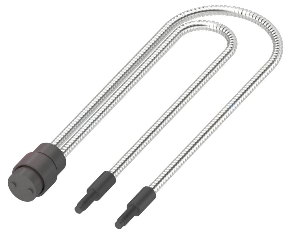 Un elemento riscaldante a forma di U con tubo metallico ed estremità di collegamento nere, utilizzato per apparecchi elettrici.