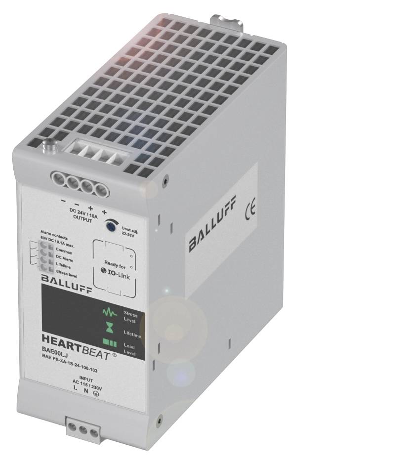 Un alimentatore grigio di Balluff con la scritta 'HEARTBEAT'. Mostra diversi indicatori LED per stato e prestazioni.
