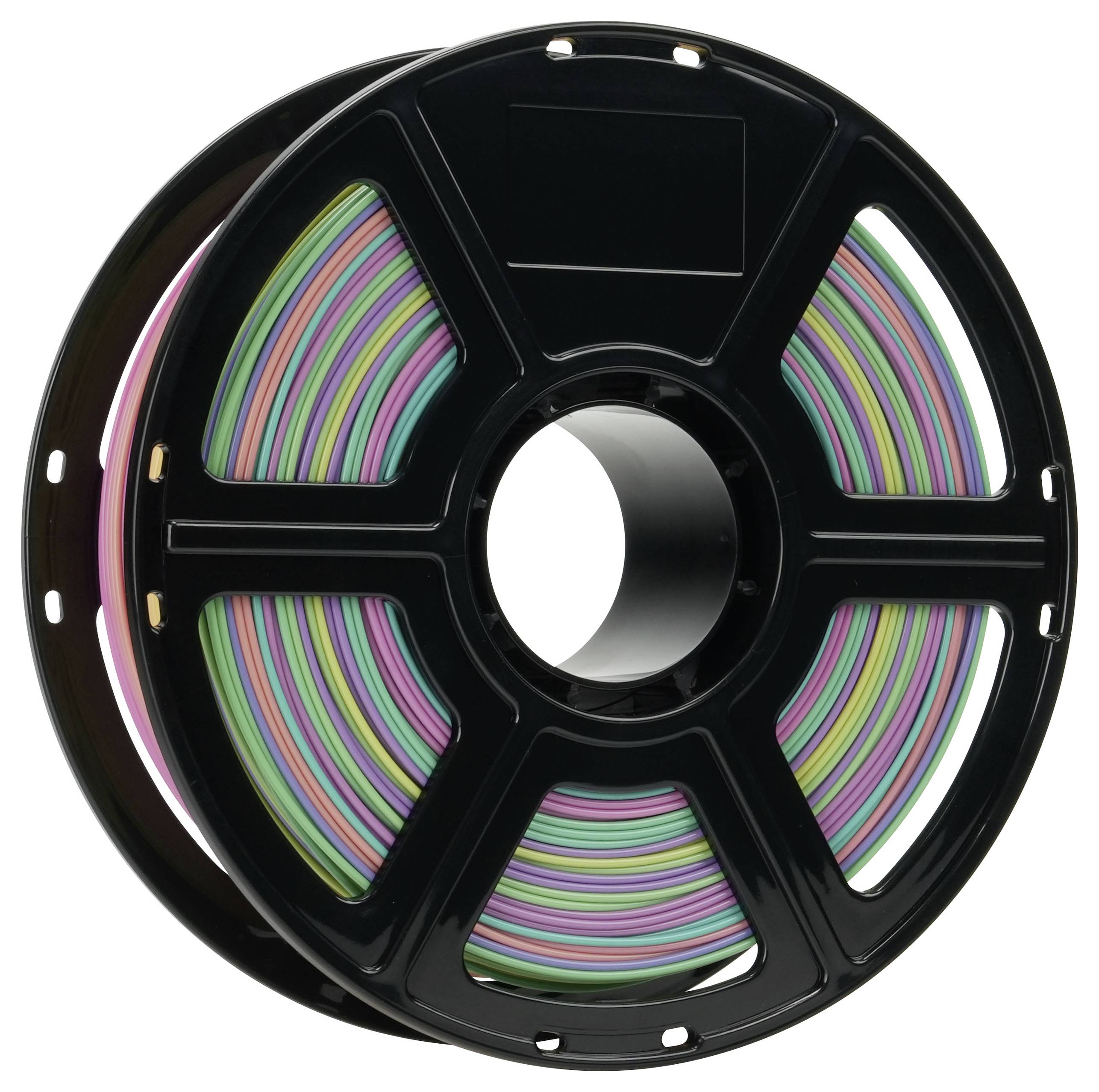 Un rocchetto nero contiene filamento per stampa 3D multicolore, che include sfumature di viola, rosa e verde, suggerendo diversità e utilizzo dei materiali.