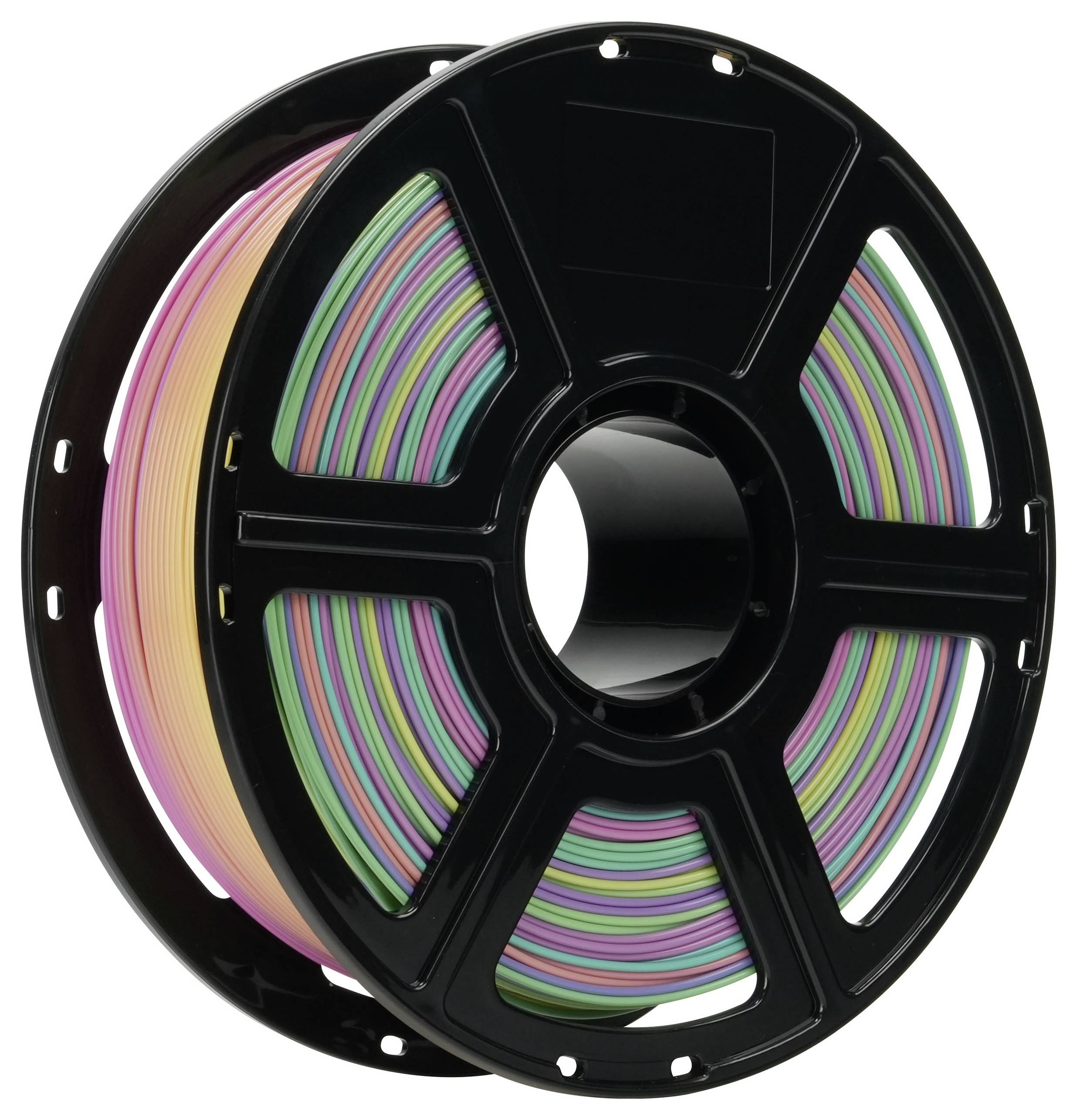 Un rocchetto di filamento multicolore utilizzato per la stampa 3D, con un gradiente di colori che comprende rosa, verde e giallo.
