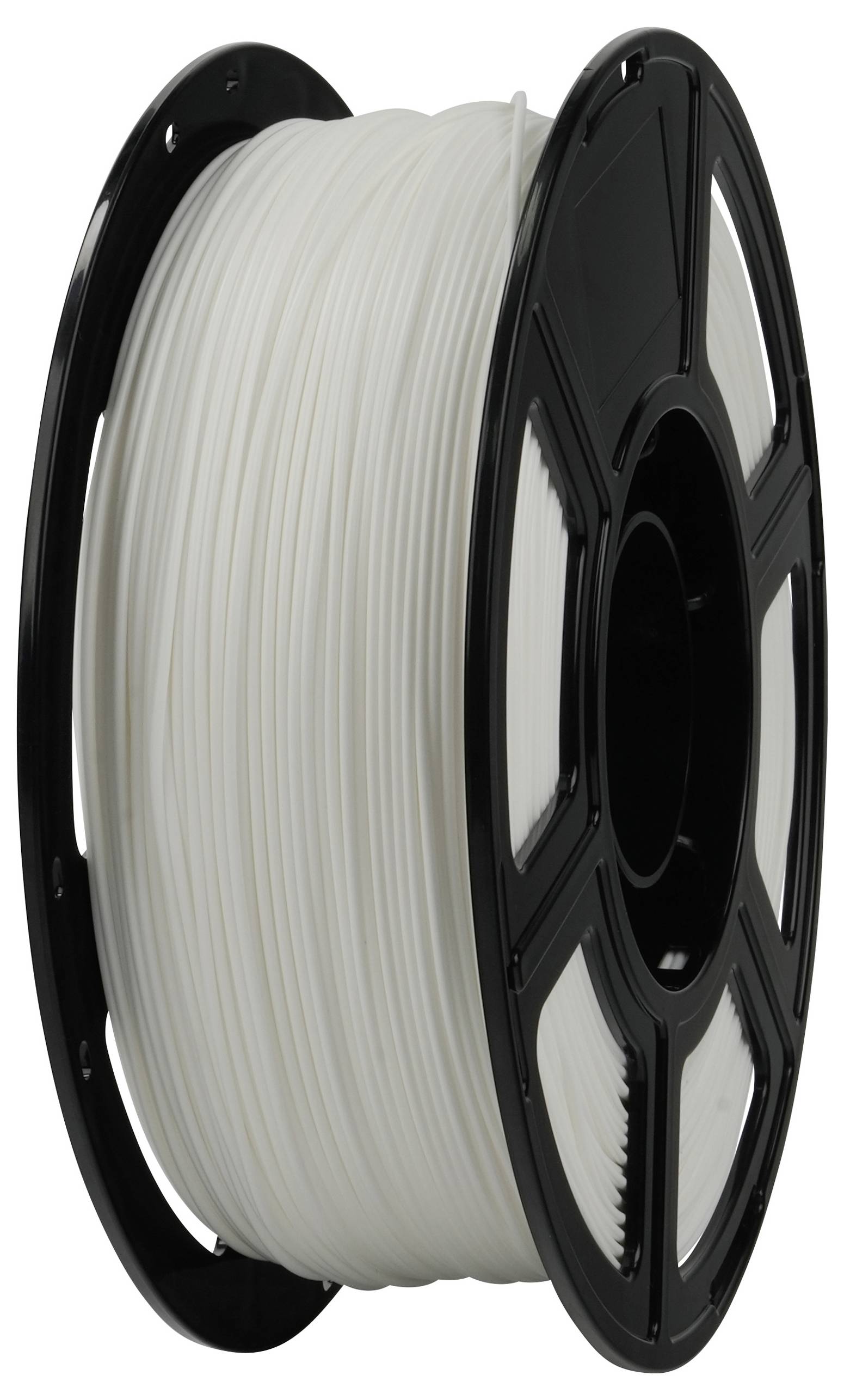 Un rocchetto di filamento bianco per stampante 3D con un supporto nero, utilizzato per creare oggetti stampati in 3D.