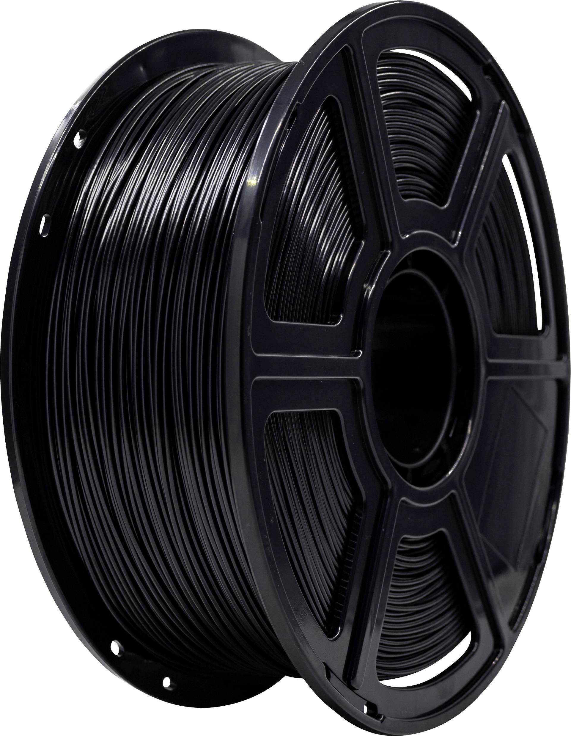 Un rocchetto di filamento nero per stampa 3D, avvolto ordinatamente su un rocchetto cilindrico, utilizzato per alimentare il materiale in una stampante 3D.