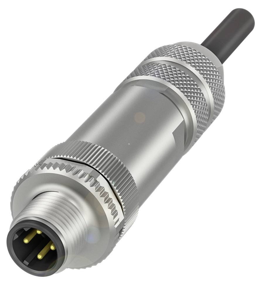 Connettore rotondo metallico con quattro pin e terminale del cavo nero. Utilizzato per il collegamento di componenti elettronici.