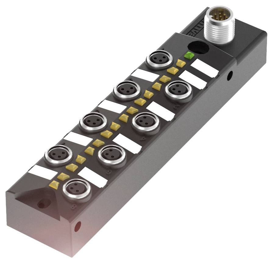 Un modulo elettrico rettangolare con otto connettori rotondi disposti in due file. A sinistra un indicatore LED verde.
