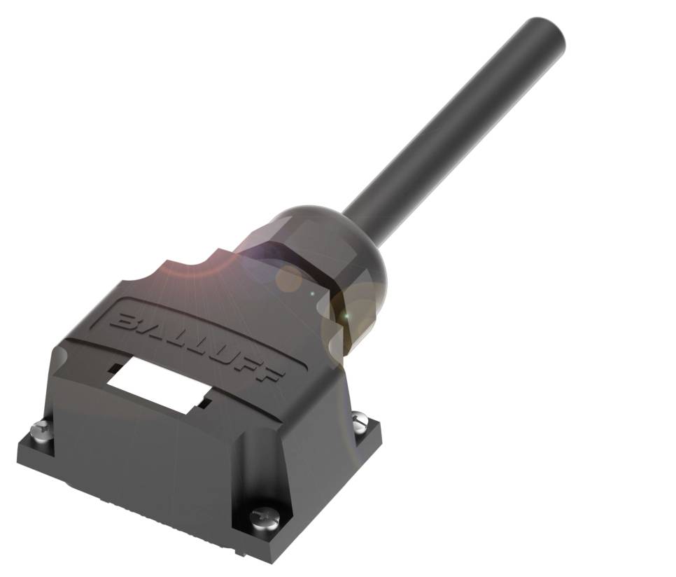 Un sensore nero e rettangolare con stelo lungo. Il testo 'Balluff' è visibile sulla superficie. Viene utilizzato per il rilevamento.