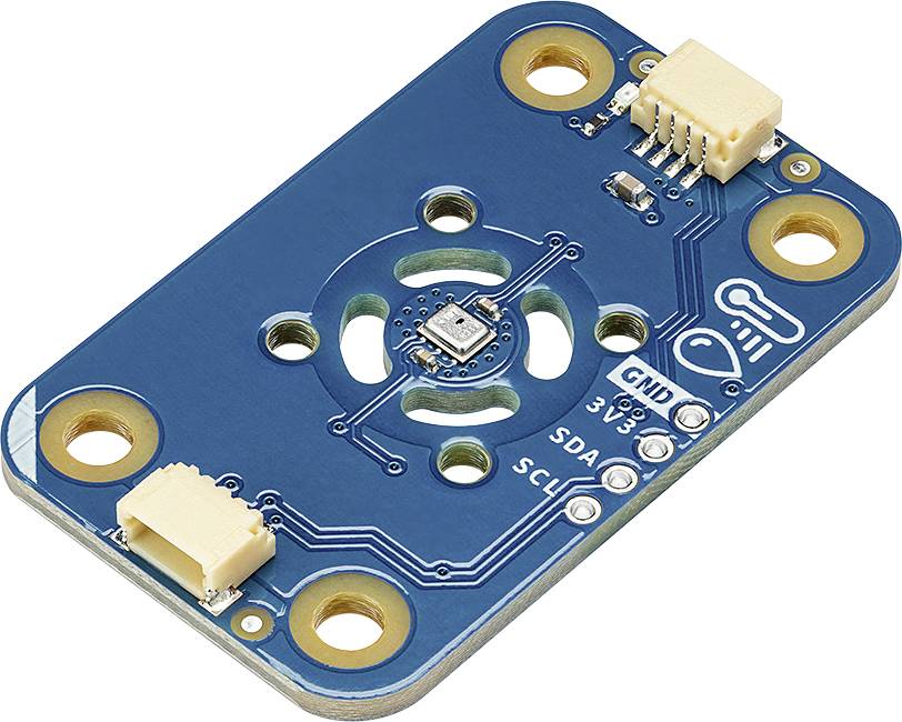 Scheda sensore con più connettori e componenti elettronici su PCB blu. Marcature per GND, 3V3, SDA, SCL visibili.