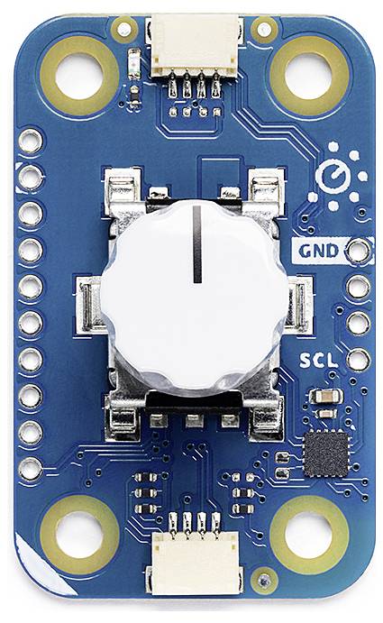 Una scheda elettronica blu con più connettori e una manopola centrale bianca. I punti di connessione sono contrassegnati.